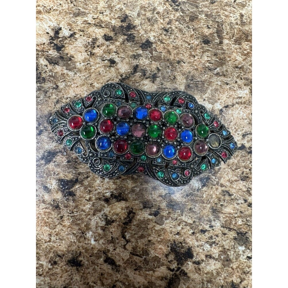 Vintage Multicolor Rhinestone Cabochon Brooch – Antiqued Marcasite Style